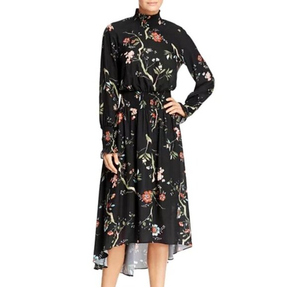 Nanette Lepore Black Floral Hi-Low Midi Dress Smocked High Neckline Size 14 - Picture 1 of 7